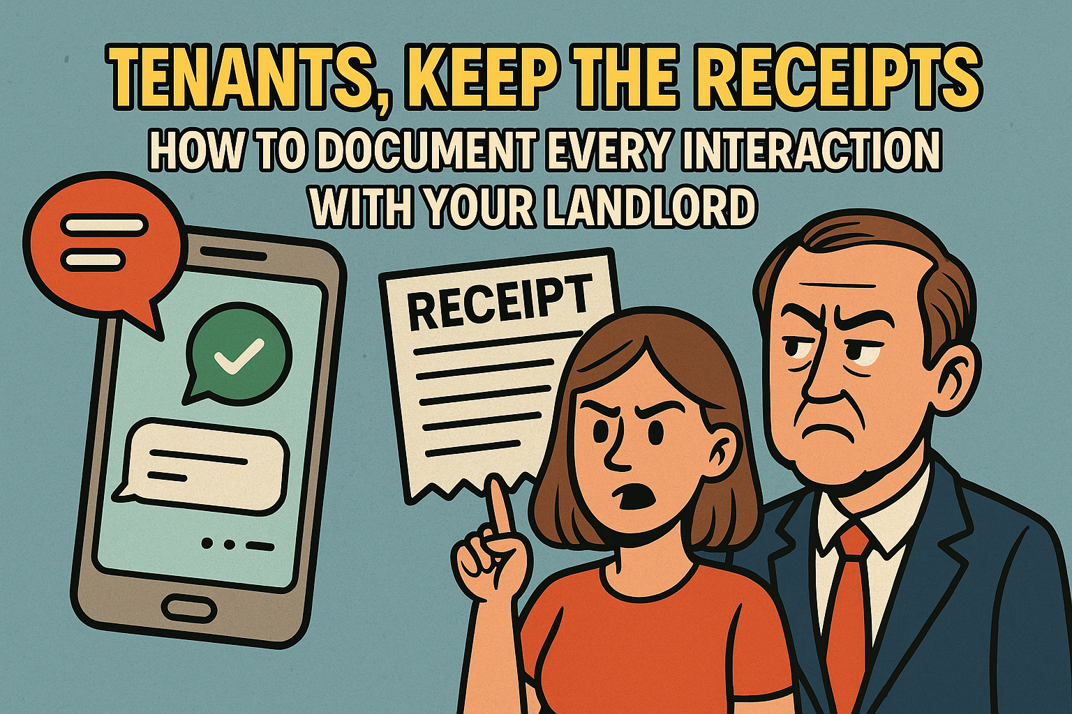 Cartoon of a tenant holding a receipt next to a stern landlord and a smartphone with a message bubble, urging renters to document every communication.