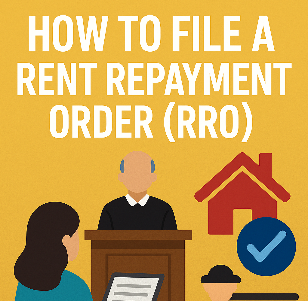 Illustration of a tenant in court holding a document before a judge, with icons of a house and checkmark symbolising a Rent Repayment Order (RRO) application.