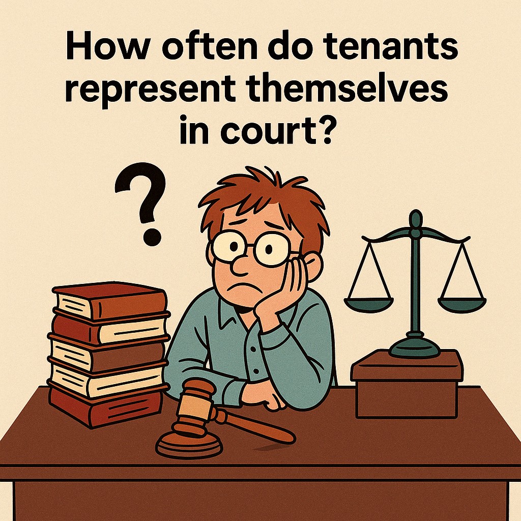 Frustrated tenant sitting at desk with law books and scales of justice