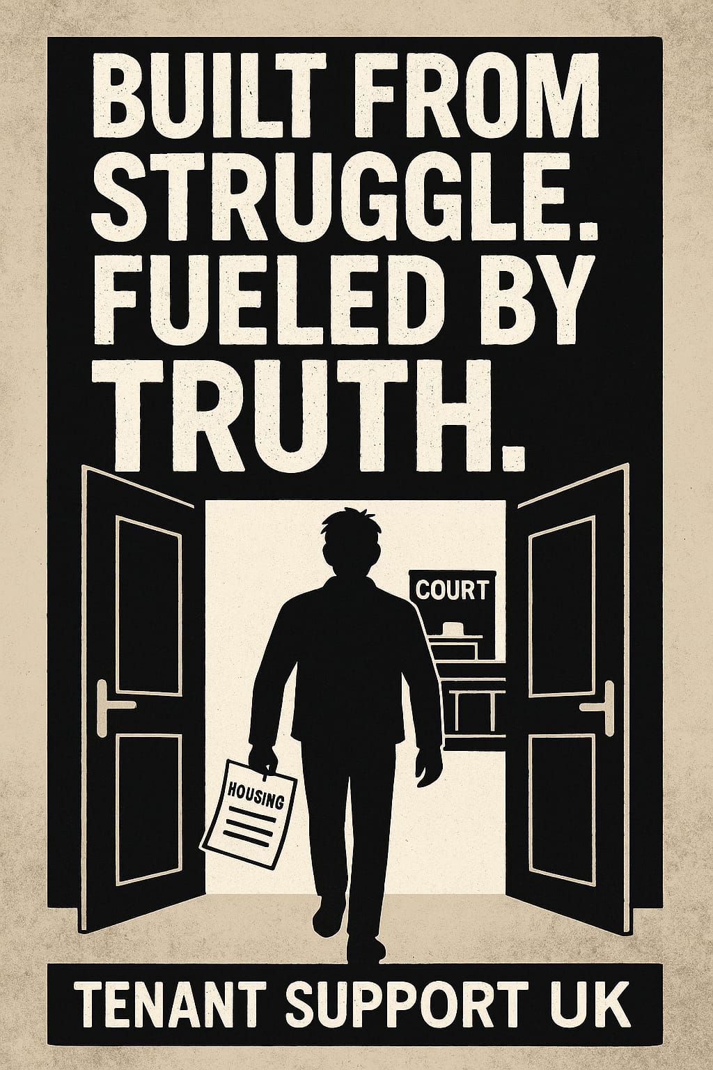 Silhouette of tenant holding housing paperwork entering court with text about truth and struggle