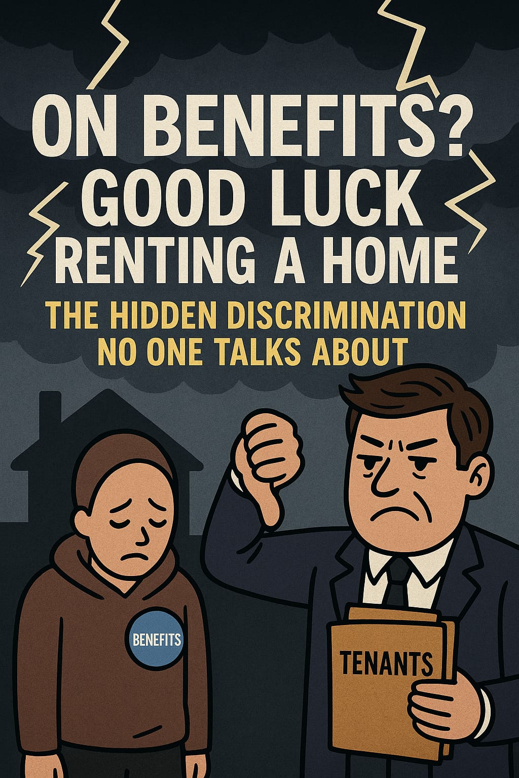 Cartoon showing a suited man holding a “Tenants” folder and giving a thumbs-down to a distressed person wearing a hoodie labeled “Benefits,” highlighting housing discrimination.